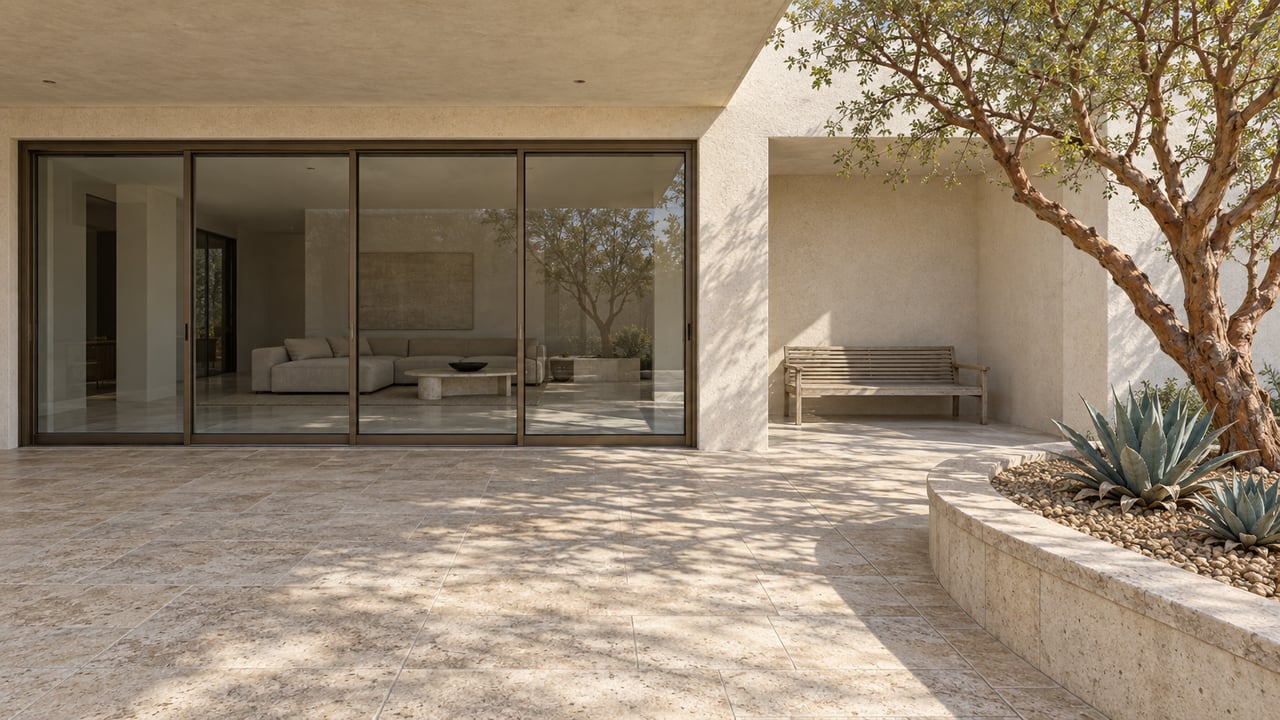 Ivory stucco home with bronze-framed glazing, a limestone terrace, teak bench and sculptural desert planting.