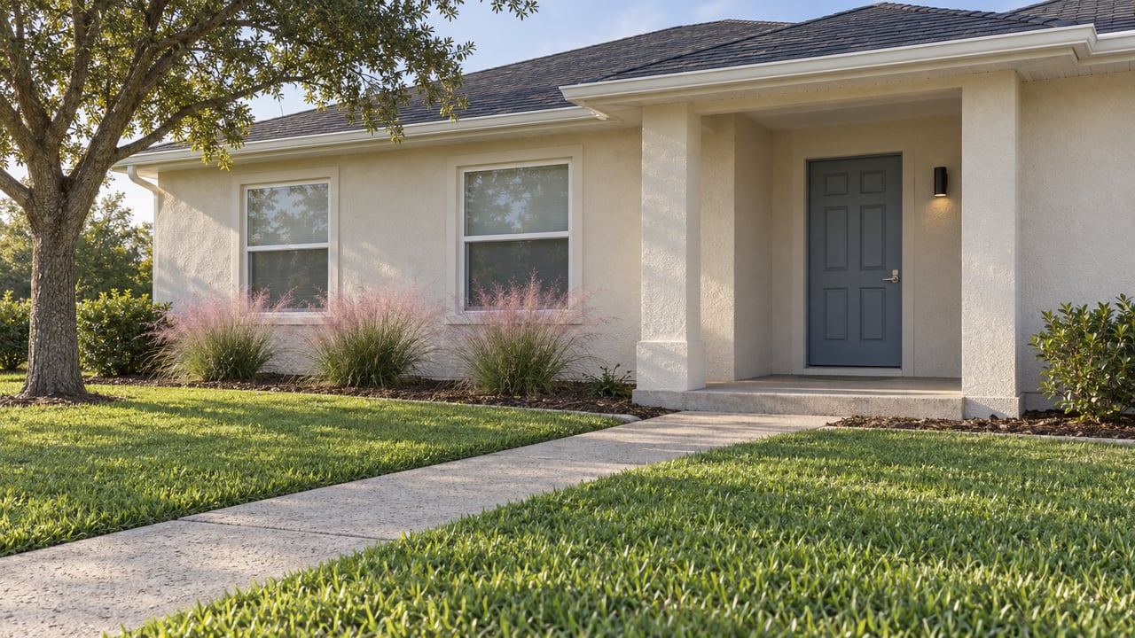 Morning light on an ivory single-story home with a blue-gray front door, a concrete approach, green lawn, and pink muhly grass.