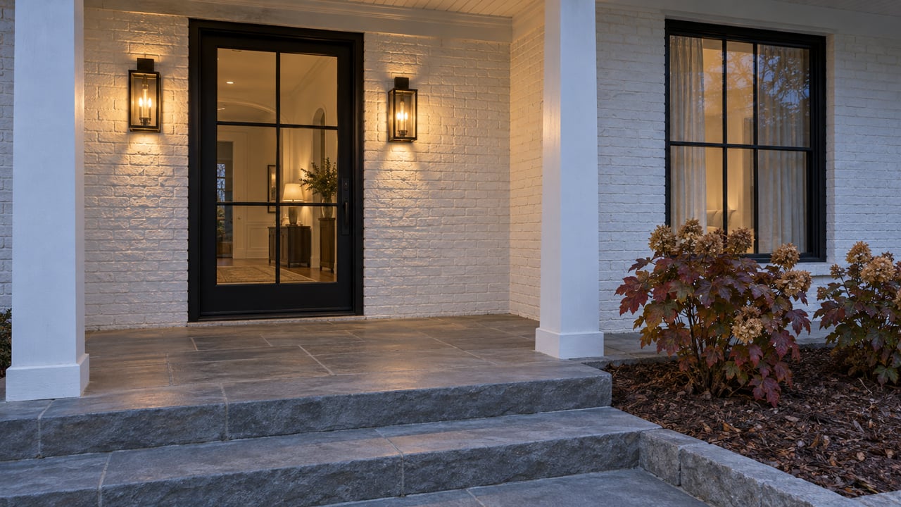 White painted-brick home entrance at dusk with a glazed black door, warm porch sconces, limestone steps, and oakleaf hydrangeas in autumn color.