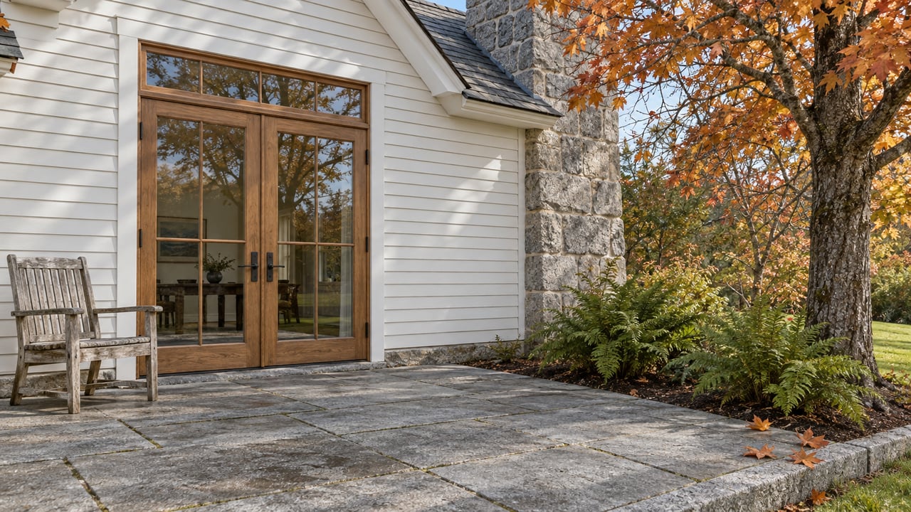 Autumn light on a white clapboard home's granite terrace, with closed glazed doors, a teak chair and an amber-leaved maple.