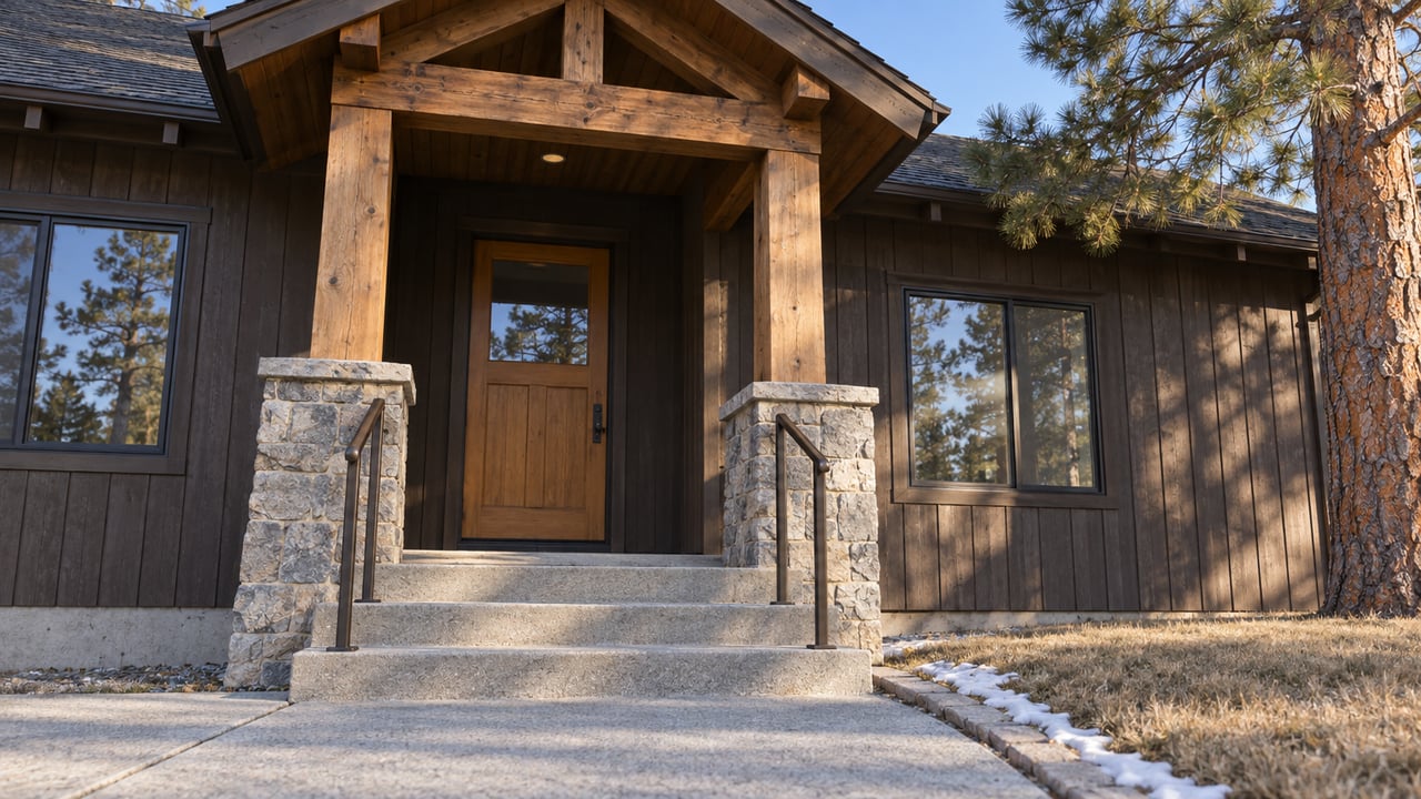 Winter light on a timber porch with stone piers, a glazed wood entry door and cleared concrete steps beside a ponderosa pine.