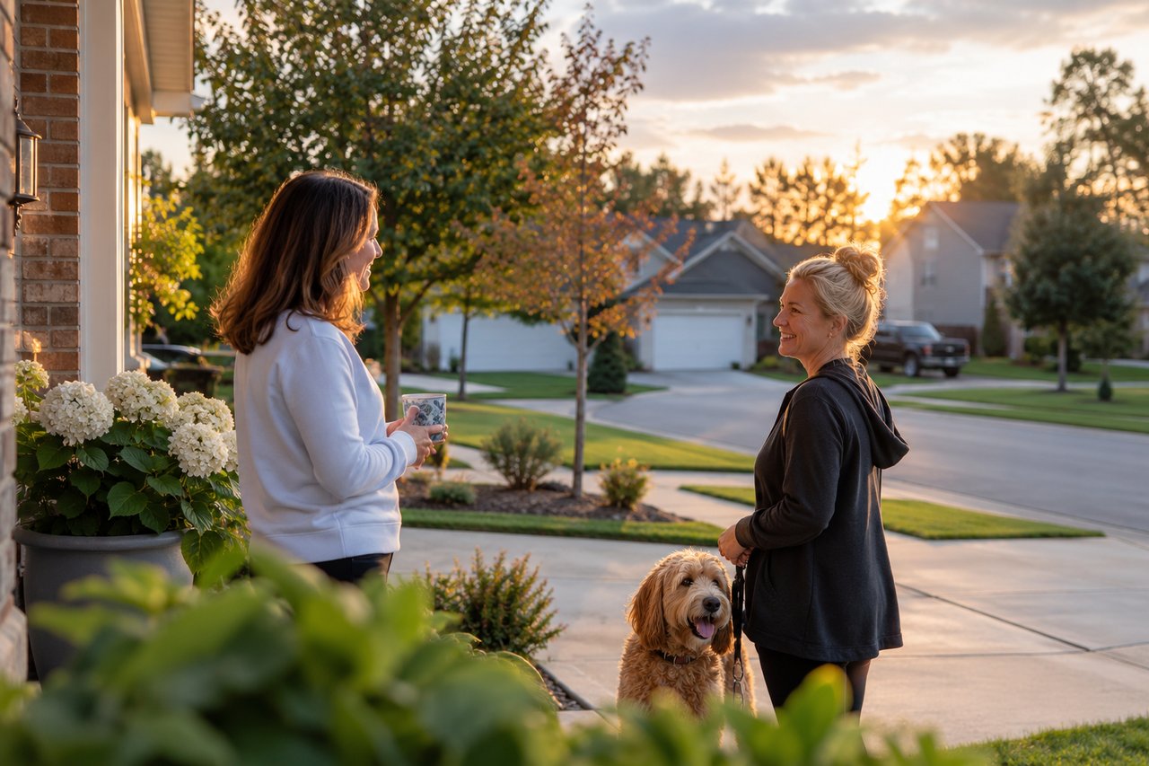 Two women chat outside a suburban home as a fluffy tan dog stands beside them.