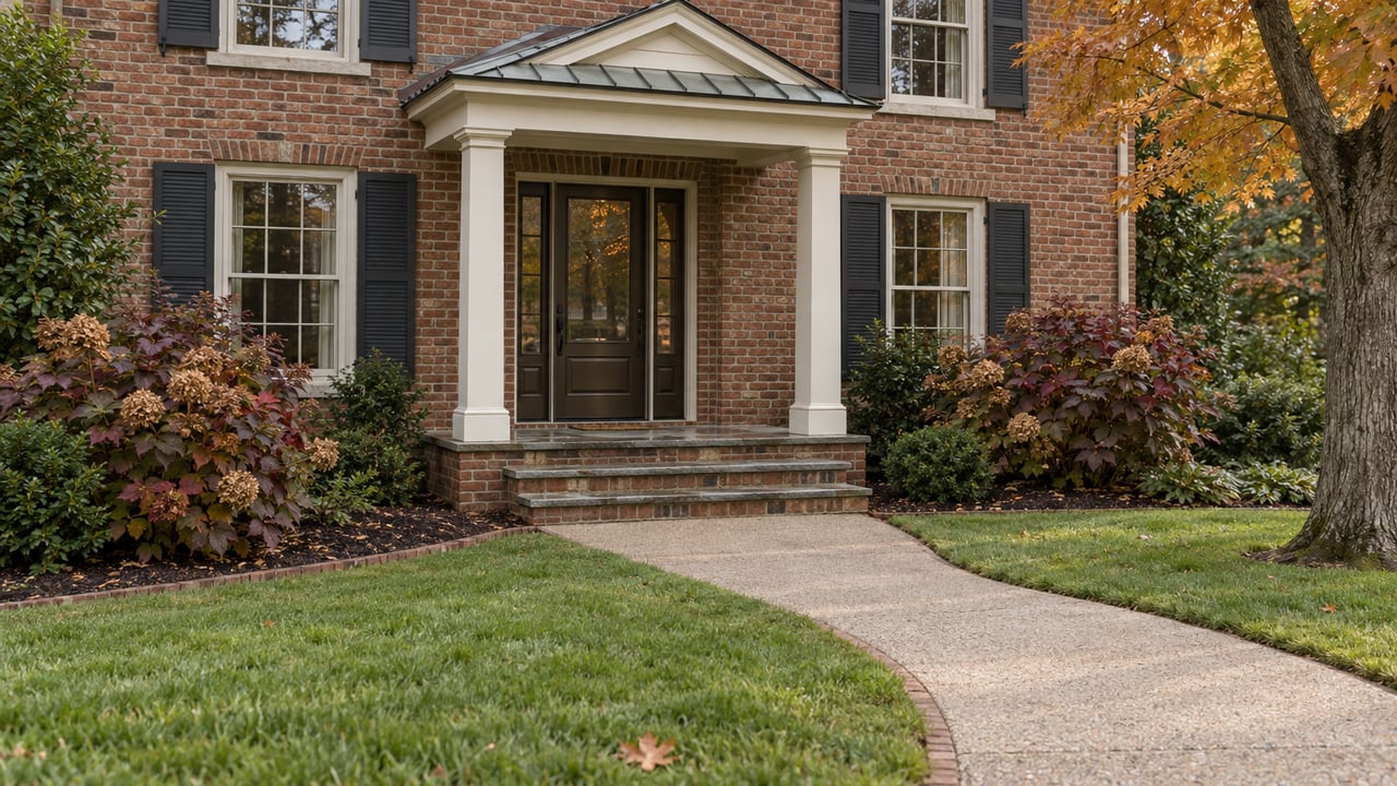 Autumn approach to a brick home with paired porch columns, bluestone steps, and an amber maple beside a generous lawn.
