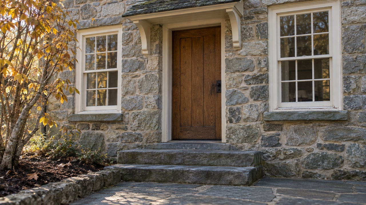 Autumn sunlight across a stone cottage entrance, white sash windows and worn bluestone steps beside a witch hazel.