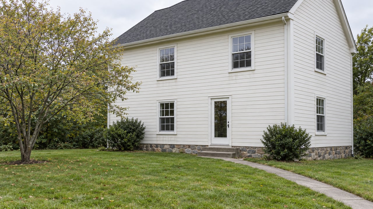 Two-story off-white clapboard house with dark gabled roof, rear windows, and a broad lawn