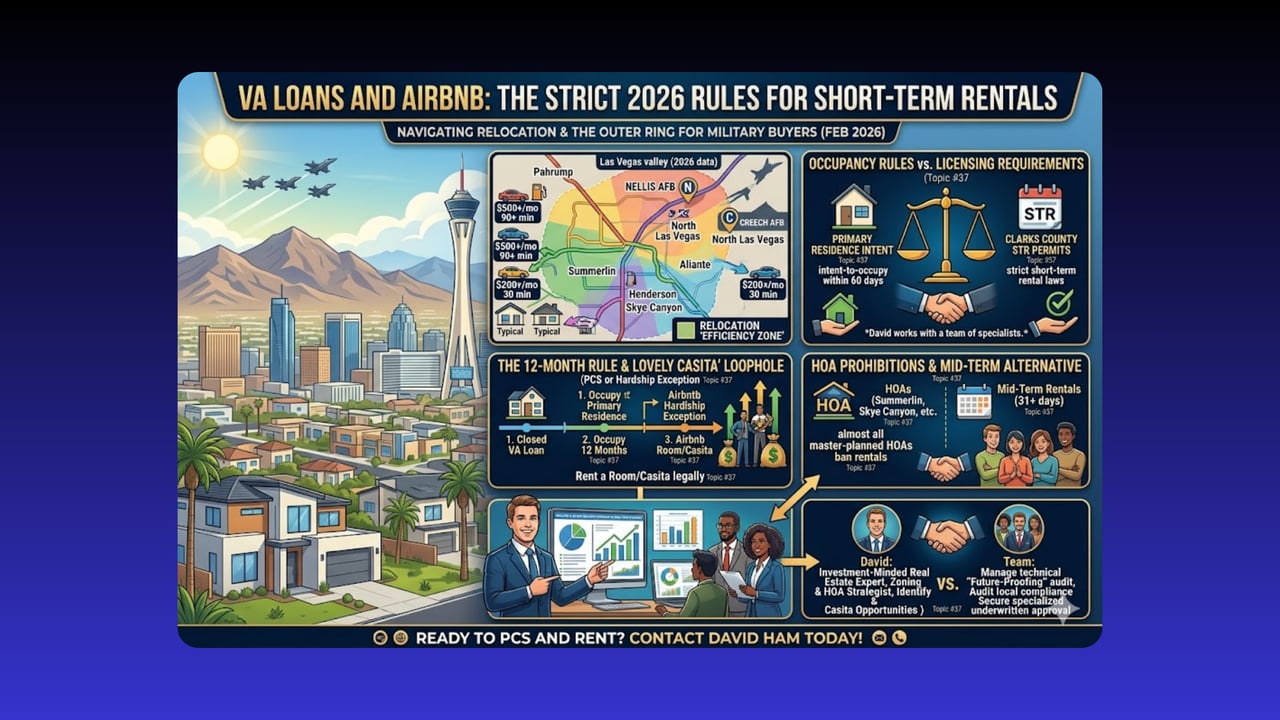 Infographic explaining 2026 VA loan, Airbnb, and short-term rental rules in Las Vegas.