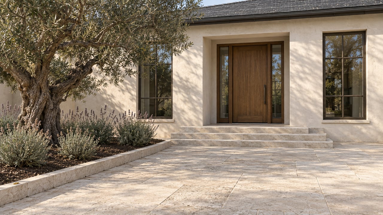 An ivory-stucco estate entrance with an oak door, bronze-framed windows and broad limestone steps beside a mature olive tree.