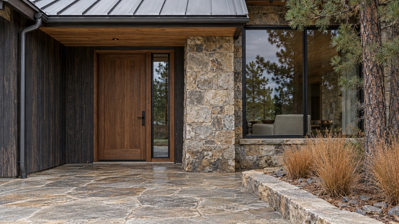 Dark timber home with a sheltered wood entry, rough stone pier and broad window above a weathered stone terrace beside pines and copper-colored grasses.