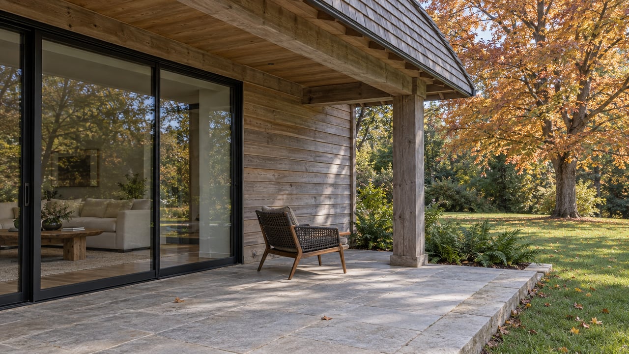 Weathered cedar home with a covered limestone terrace, closed black-framed glass doors and an autumn maple beyond the lawn.