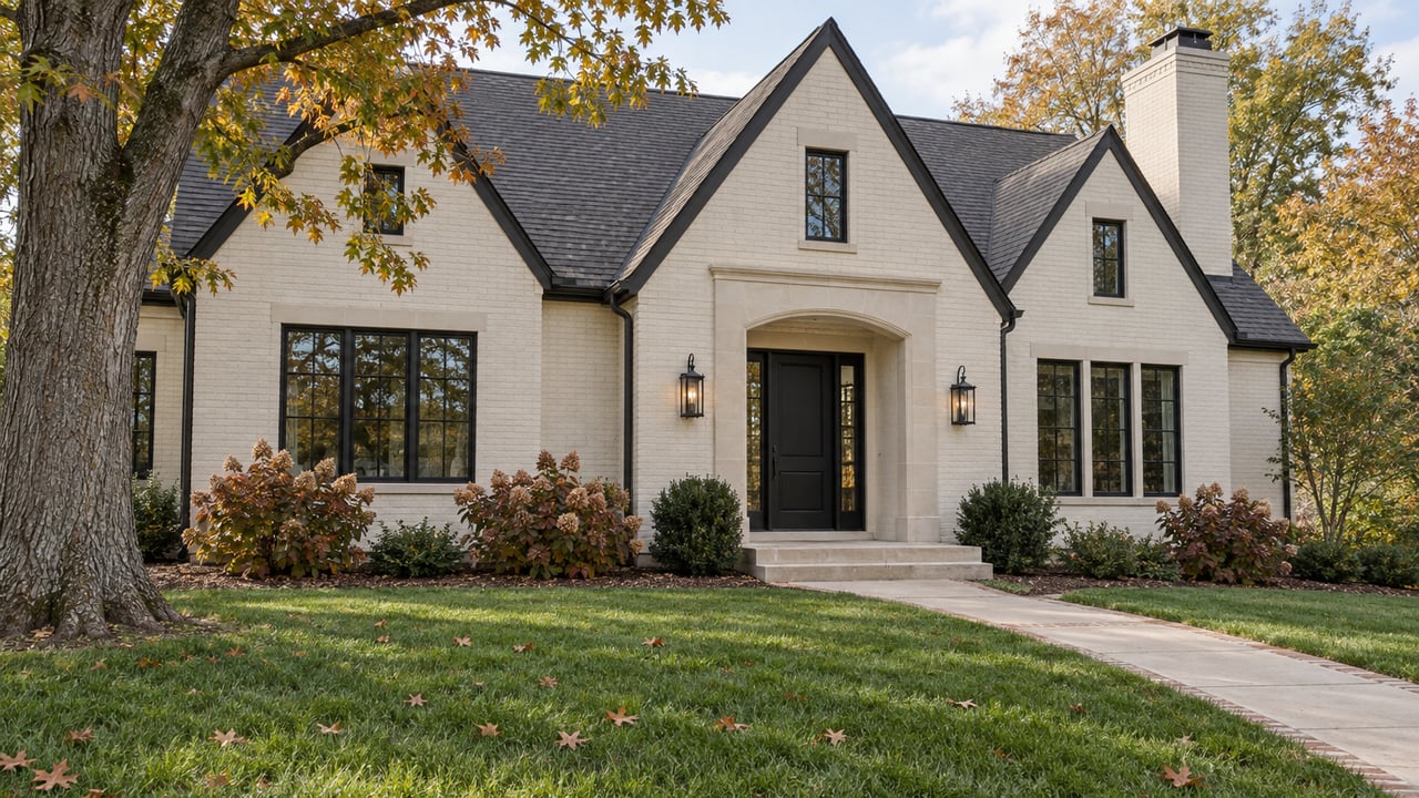 Ivory painted-brick home with steep charcoal gables, black-framed windows and a limestone entry, beyond a deep autumn lawn and mature oak.