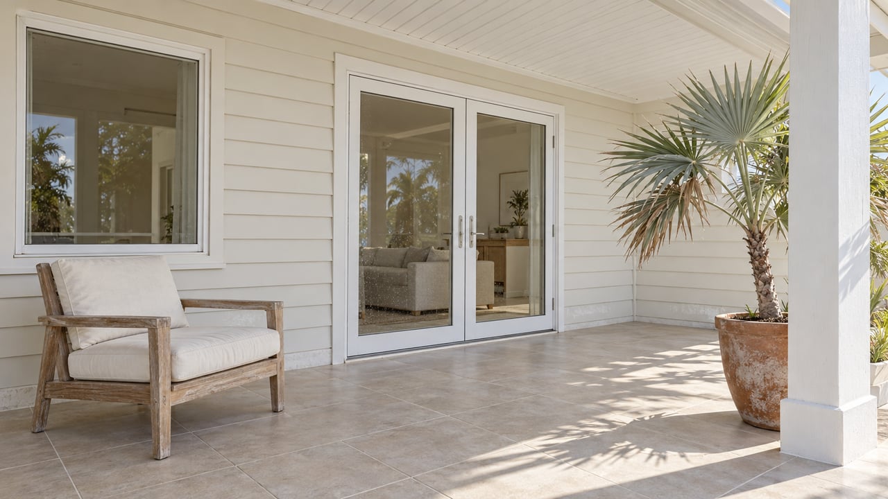 Sunlit covered veranda with cream siding, closed glass doors, a weathered teak chair and a potted silver thatch palm.