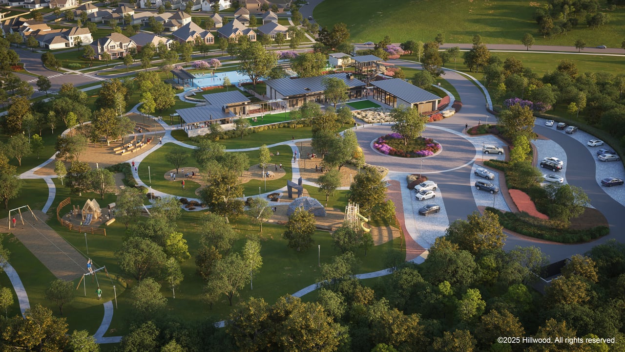 Landmark by Hillwood amenity center aerial view at sunset Denton Texas master-planned community