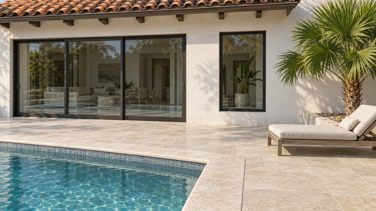 White stucco home with clay roof tiles, bronze-framed sliding doors and a limestone terrace beside a blue-green pool.