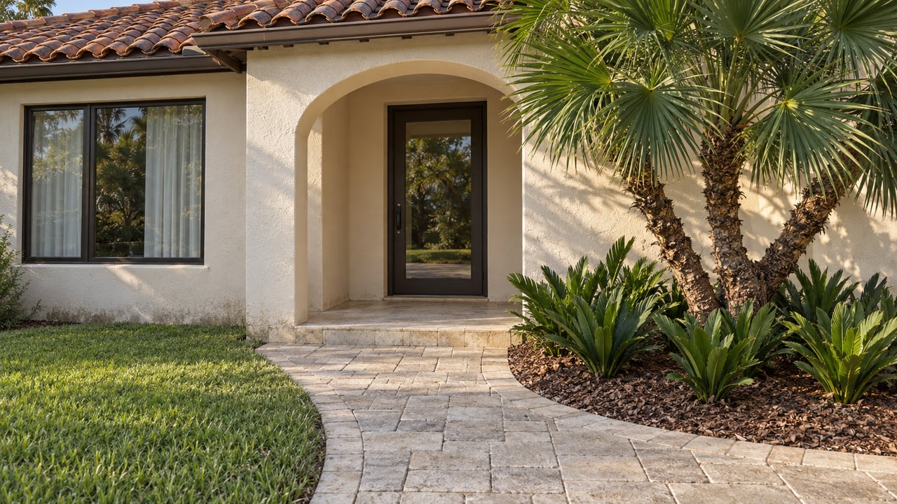 Cream stucco home with a shaded arched entrance, terracotta roof tiles, limestone approach and sculptural fan palm.