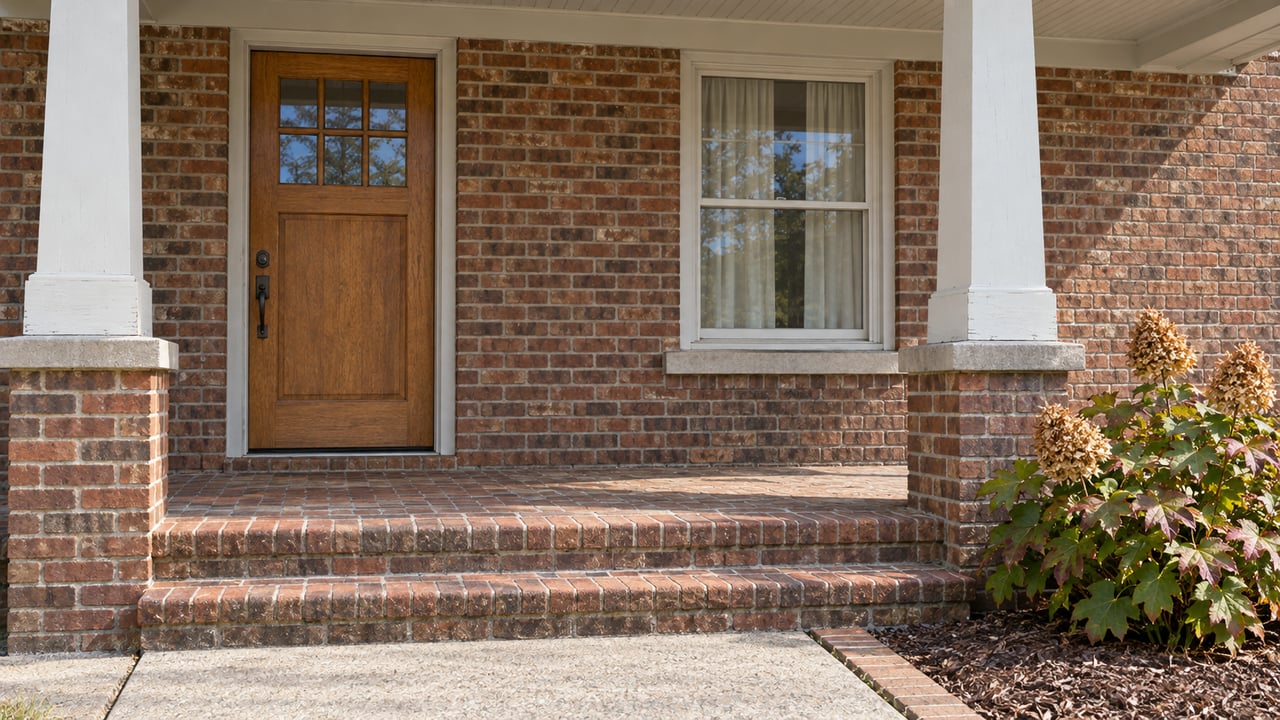 Brick bungalow entrance with an oak door, painted porch supports, worn brick steps, and an oakleaf hydrangea.