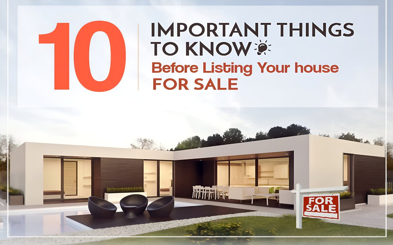 Article graphic about 10 things to know before listing a house, with a modern home, pool, and for-sale sign.