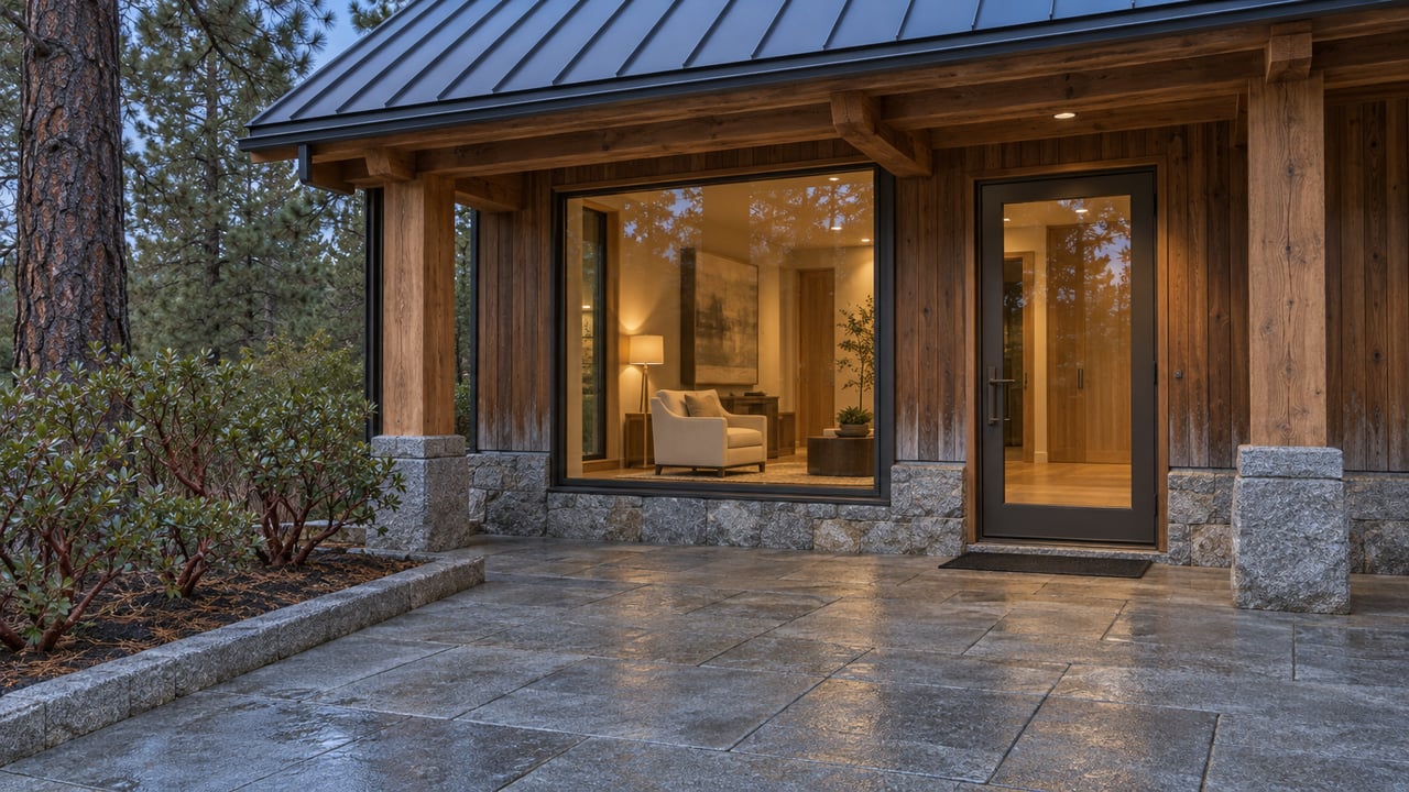 A cedar-clad home with a pitched metal roof, granite terrace and warmly lit closed glass entry at twilight, beside a mature pine and red-stemmed shrubs.
