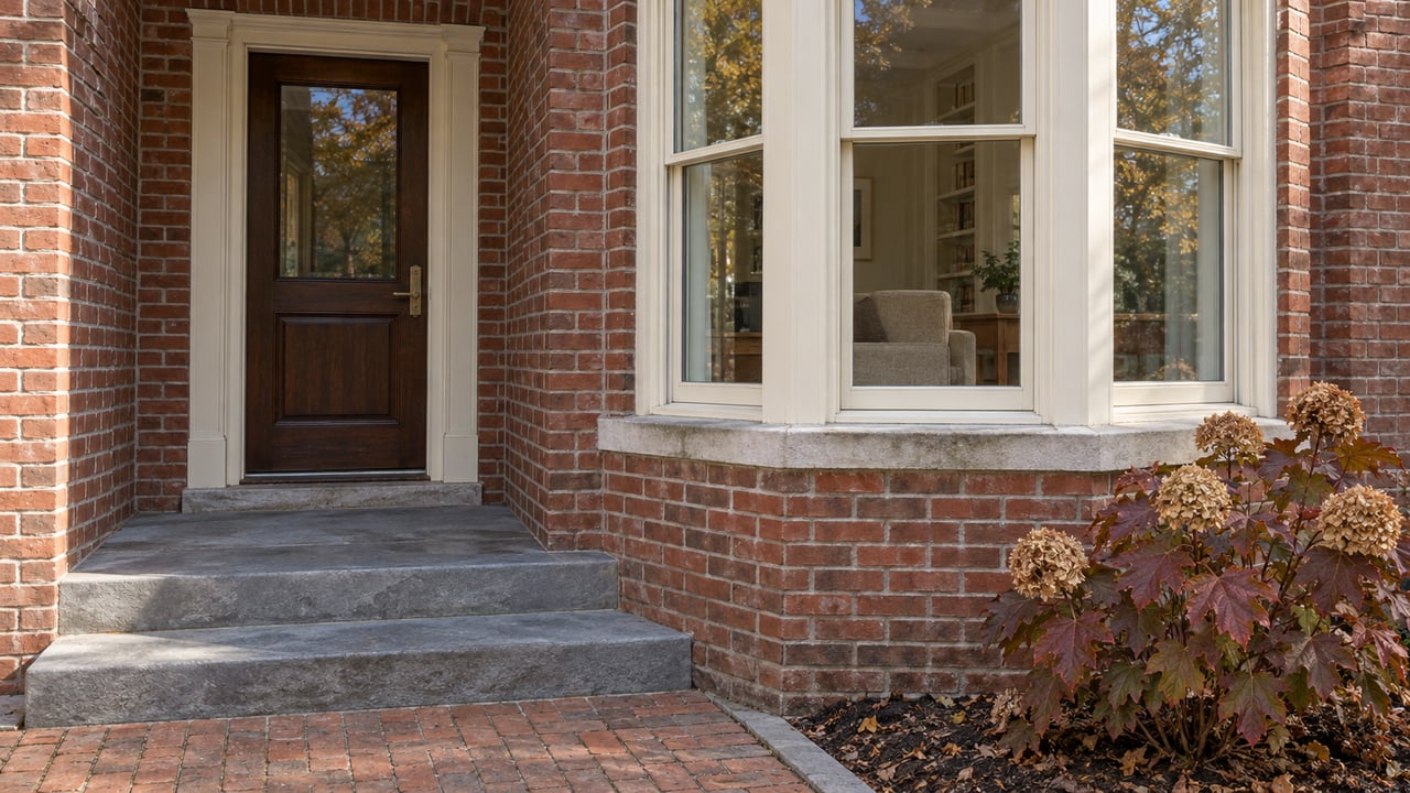 Red brick residential entrance with an oak door, ivory-painted bay windows, bluestone steps and burgundy oakleaf hydrangea.