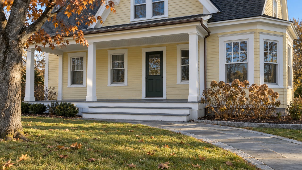 Butter-yellow clapboard home with a low white-trimmed porch, bluestone walk and sparse copper maple leaves in clear autumn light.