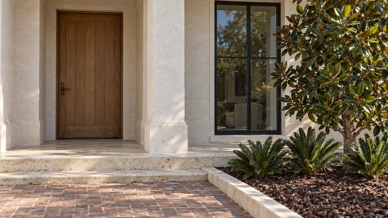 Covered white masonry entrance with an oak door, black-framed window, limestone step and brick walk beside a small magnolia.