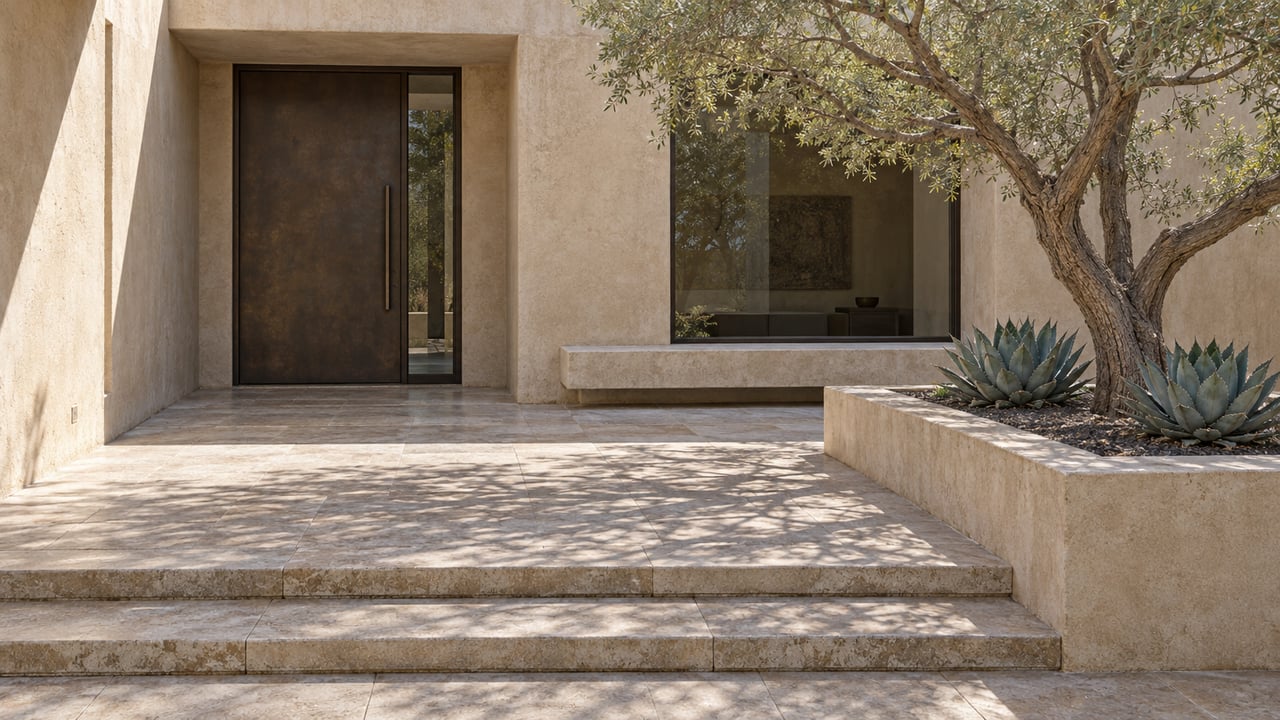 Sunlit limestone entry courtyard with sand-colored plaster walls, a bronze door, and an ironwood tree in a raised planter.