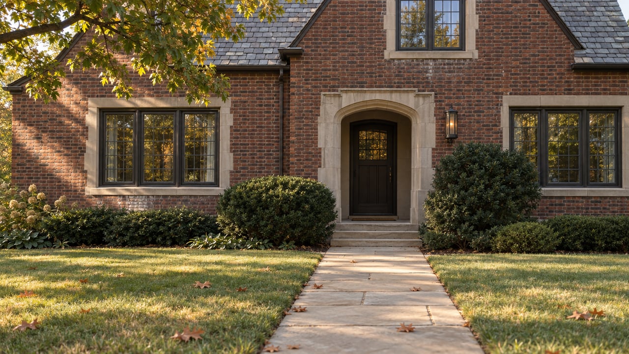 Red-brown brick house with a recessed front door, sandstone walkway, and scattered autumn leaves.