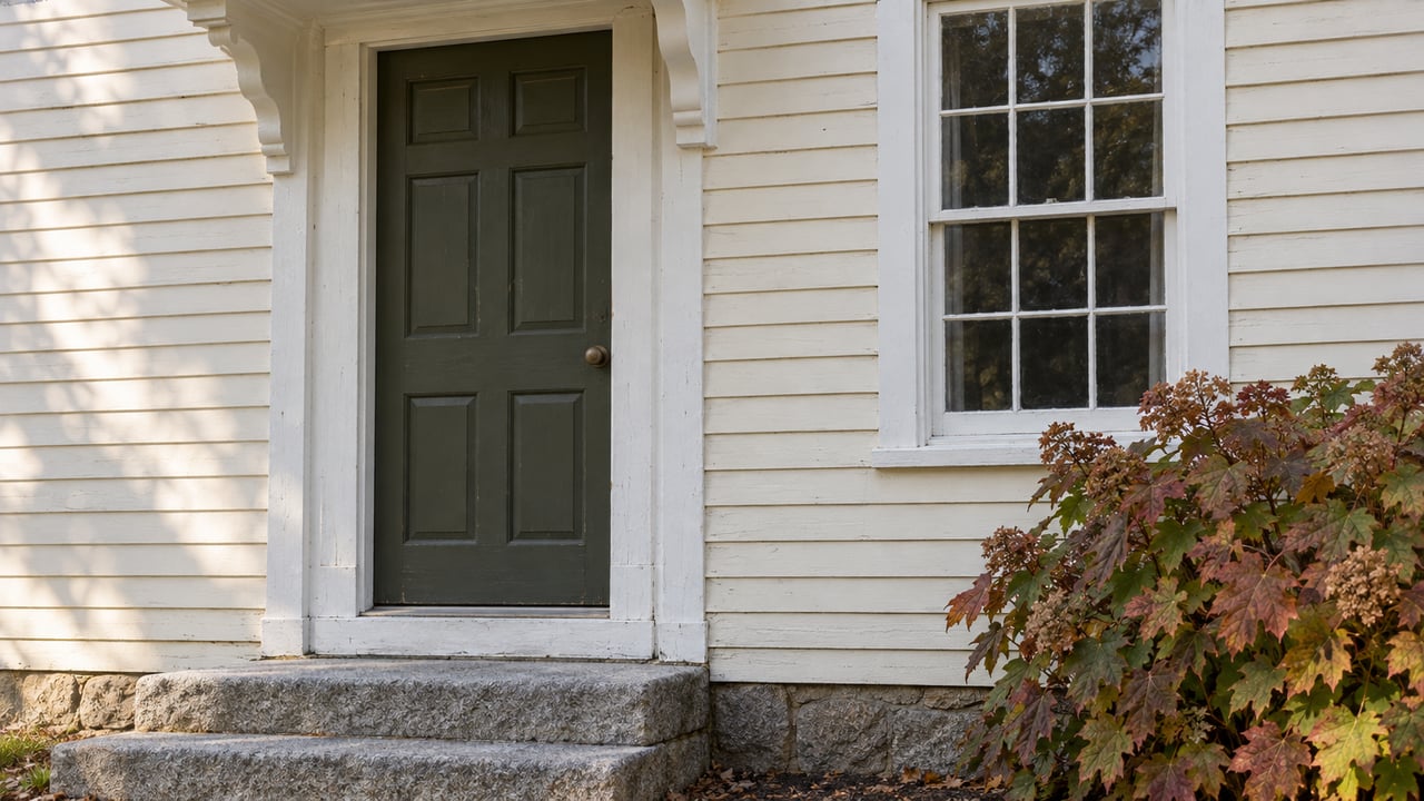 A dark olive six-panel door beside a white sash window, above worn granite steps and russet hydrangea.
