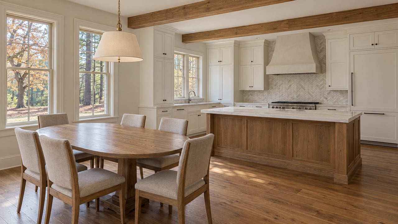 Sunlit dining room with oak beams, a six-seat oak table, linen chairs and a white shaker kitchen with a light quartz island.