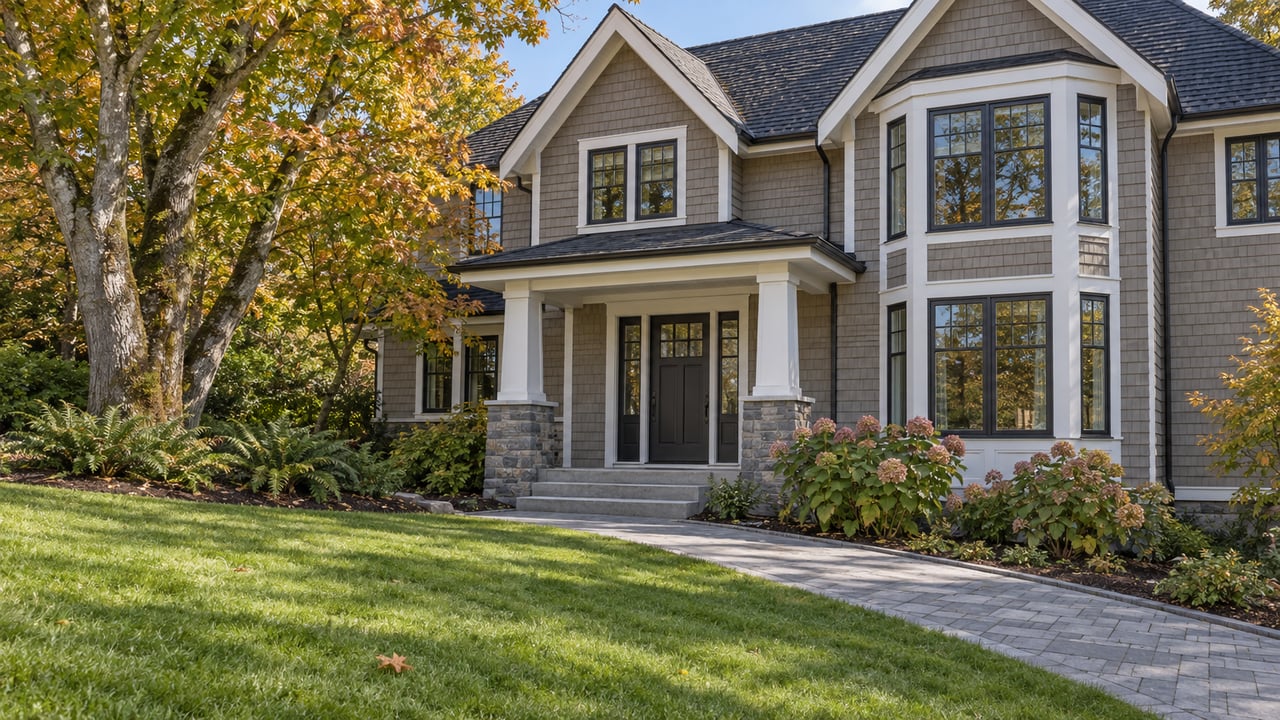 Taupe shingle-sided home with white gable trim, a covered porch, and a deep green lawn beside mature autumn maples.