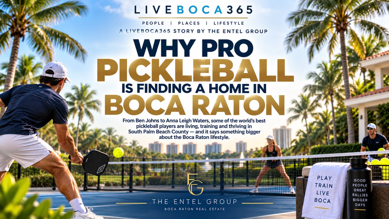 Professional pickleball players on a luxury outdoor court in Boca Raton, Florida, for a LiveBoca365 story by The Entel Group.