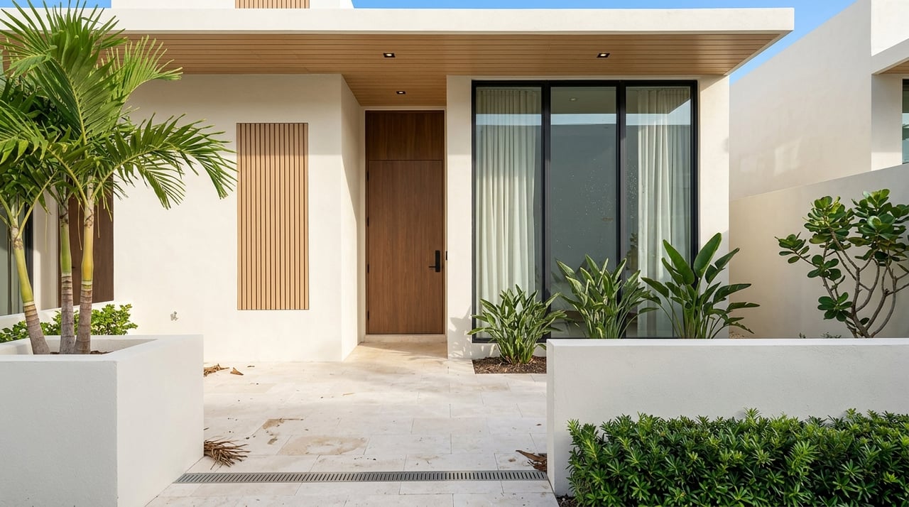 Contemporary townhome entrance with travertine, stucco, wood slats, and tropical plants.