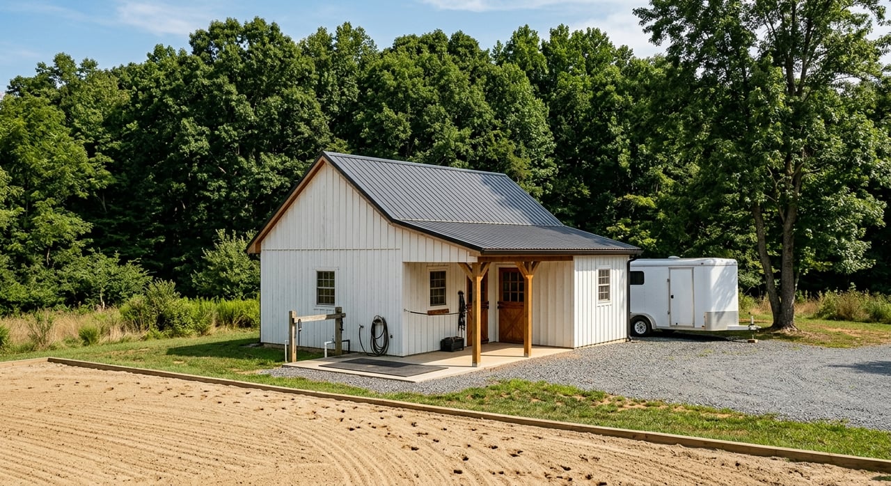 White equestrian barn with an open wash bay, arena sand, and a trailer parked on the gravel beside it.