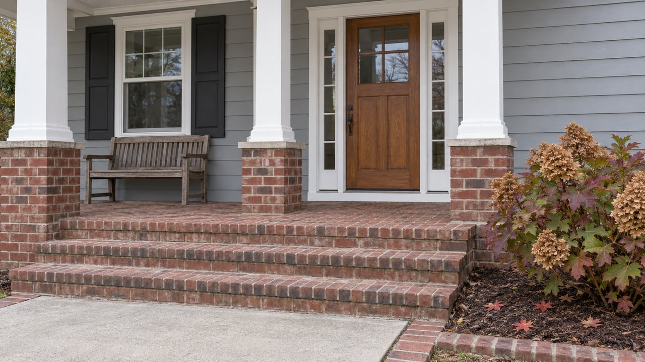 Gray-sided home with a brick front porch, white columns, a wood entry door and autumn oakleaf hydrangeas beside the steps.