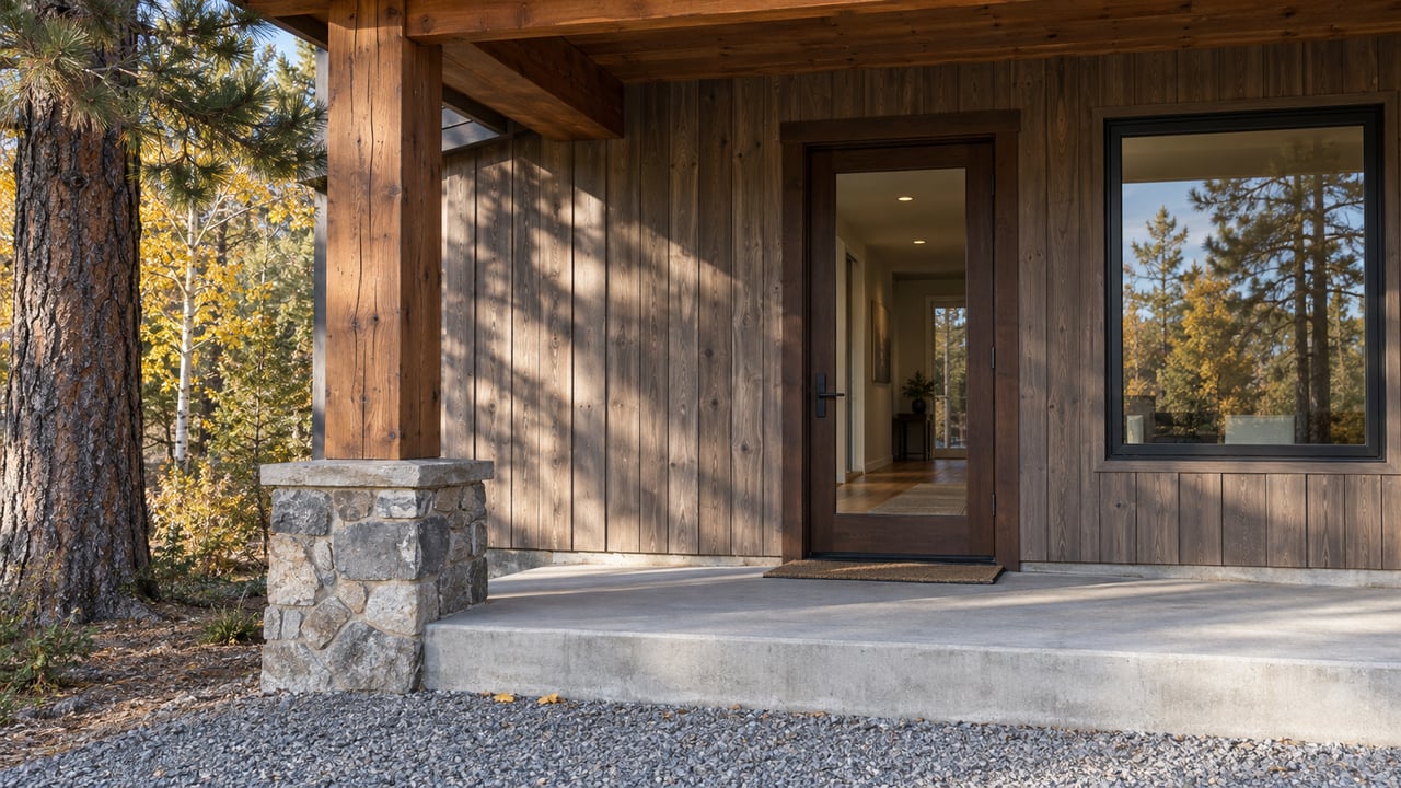 Autumn light crosses a timber home's covered entry, closed glazed door, stone post footing and concrete porch step.