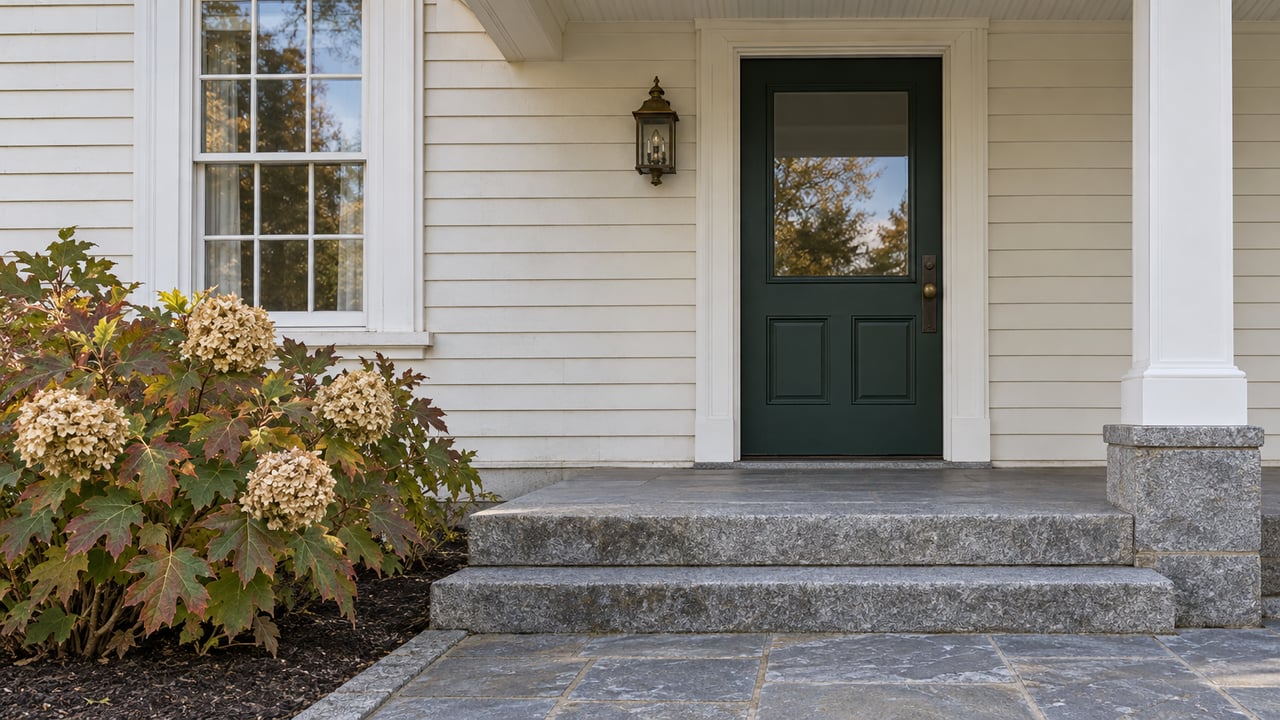 Ivory clapboard entry with a deep green glazed door, brass lantern, granite steps and oakleaf hydrangea in autumn.