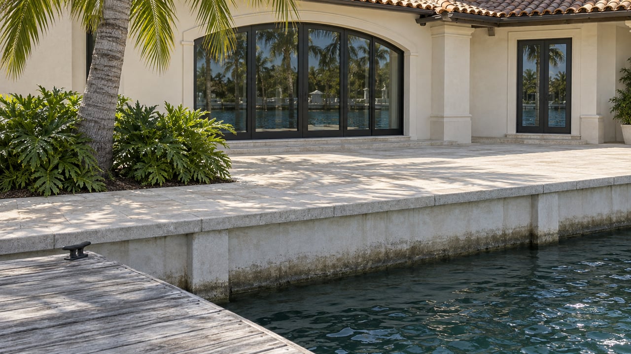 Weathered dock beside rippled teal water, a limestone terrace, and an ivory stucco estate with arched windows.