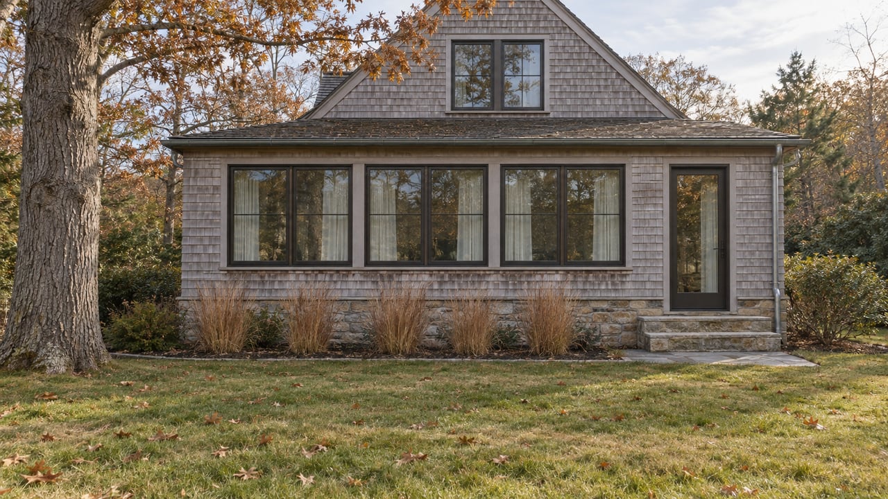 Weathered cedar-shingle home with broad windows, limestone foundation and an autumn lawn beneath a mature oak.
