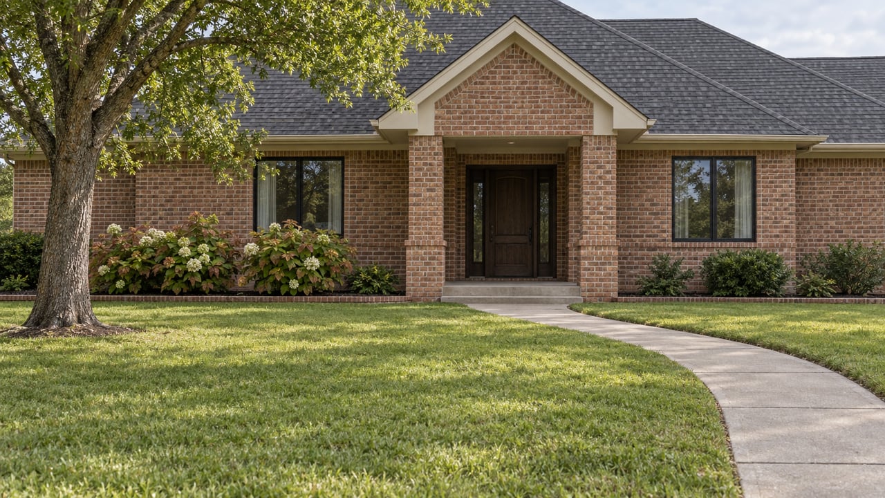 Brick single-story home with a covered porch, broad lawn, curved concrete walk and a mature bur oak.