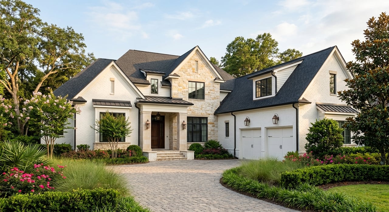 White-brick suburban home, greige two-car garage, limestone entry, oak door, and landscaped front walk.