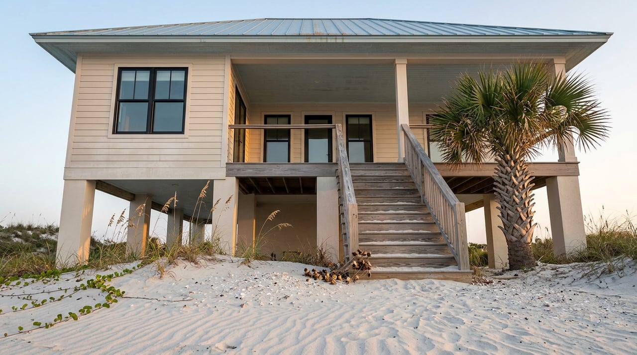 Elevated coastal cottage on pilings above a sandy dune, with wooden stairs, a palm, and sea oats.