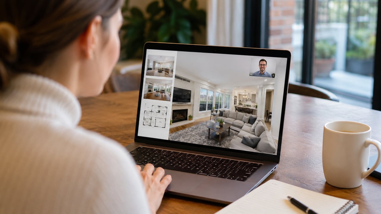 Woman views a furnished home and floor plan on a laptop during a call with an agent.