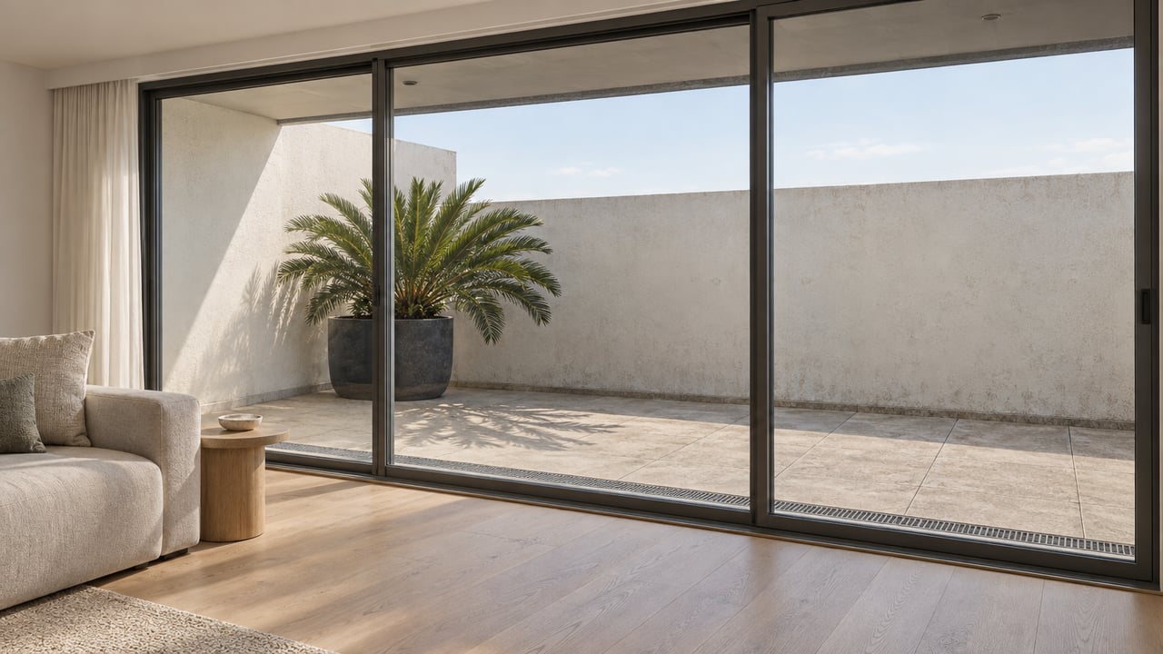 Closed sliding glass doors open visually onto a covered terrace with a potted cycad and stucco wall.