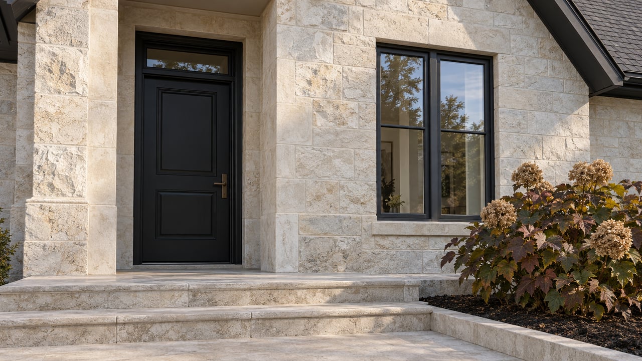Pale limestone home entrance with a black door, paired black-framed windows, worn stone steps and an oakleaf hydrangea.
