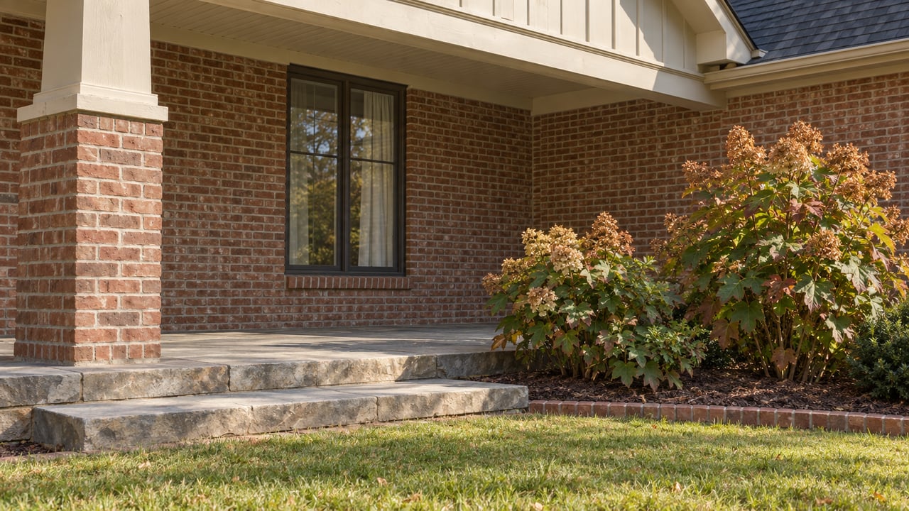 Brick home porch with a bronze-framed window, broad stone steps, and oakleaf hydrangeas beside a neatly edged lawn.