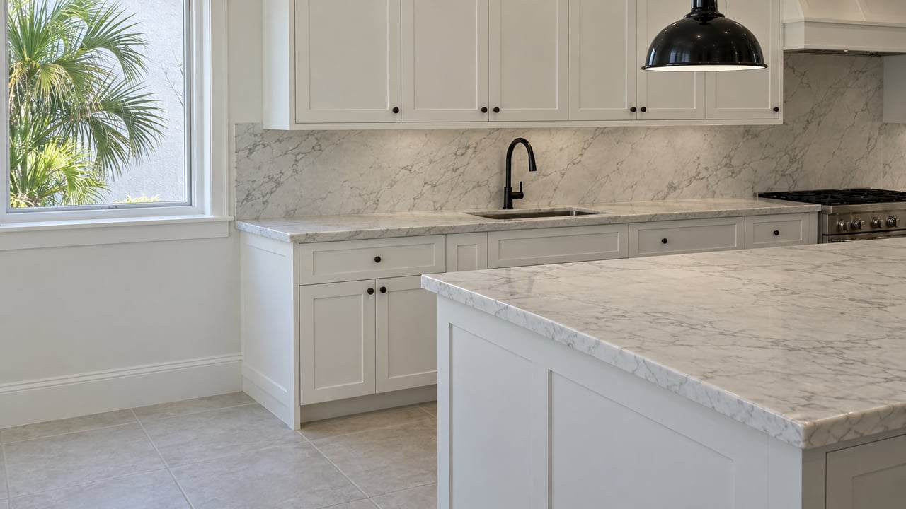 Soft daylight across a white paneled kitchen island, gray-veined stone counters and white shaker cabinetry, with a black pendant and closed garden-facing window.