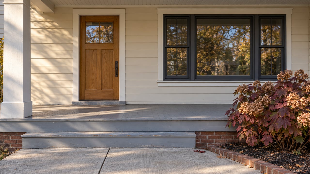 Sunlit covered entry with an oak door, ivory siding, gray timber steps, and burgundy oakleaf hydrangea.