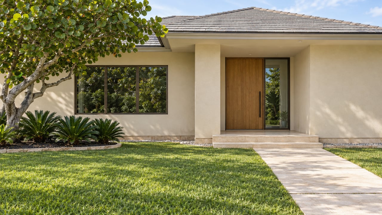 Ivory stucco home with a pale tiled roof, bronze-framed glazing and sheltered oak entrance across a broad lawn and limestone walk.
