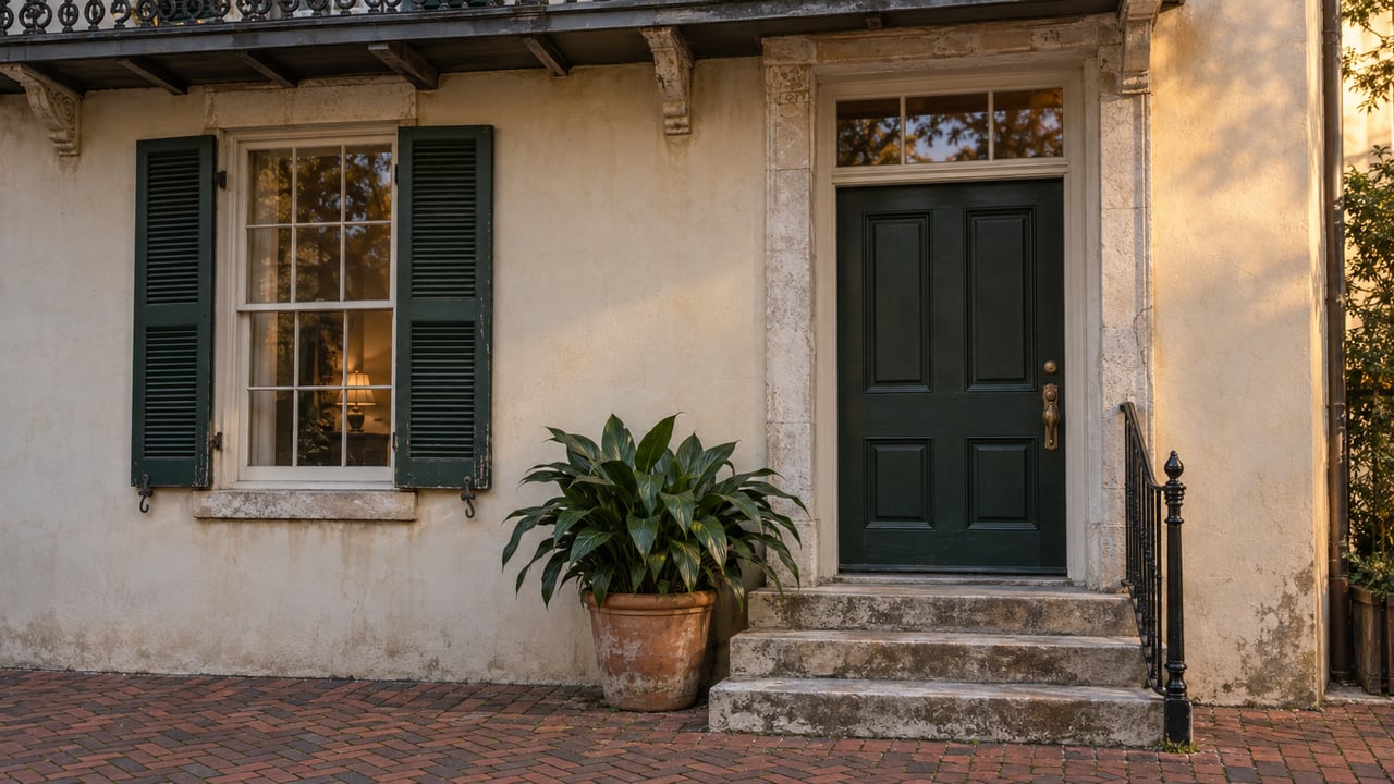 Historic townhouse entrance with a dark green door, shuttered window, limestone stoop, and terracotta potted plant.