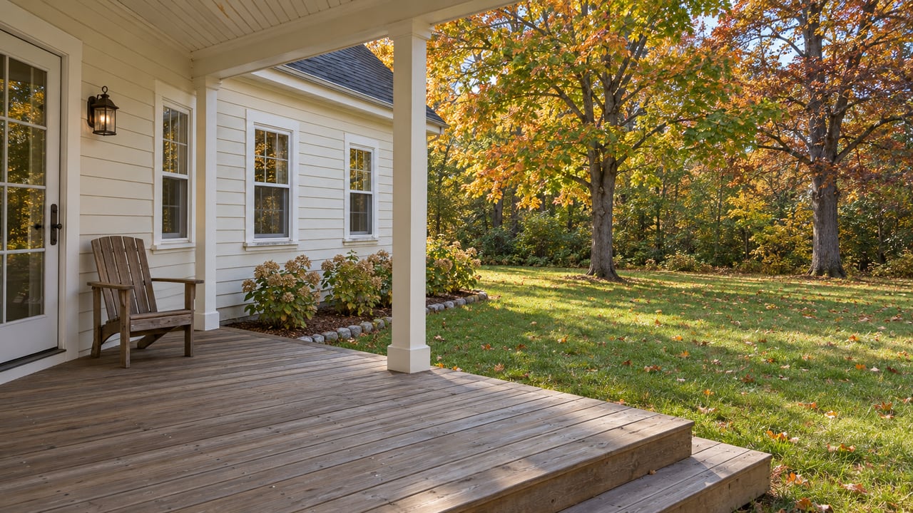 Weathered covered deck beside a cream clapboard home, overlooking a deep lawn with orange sugar maple and rusty red oak foliage.