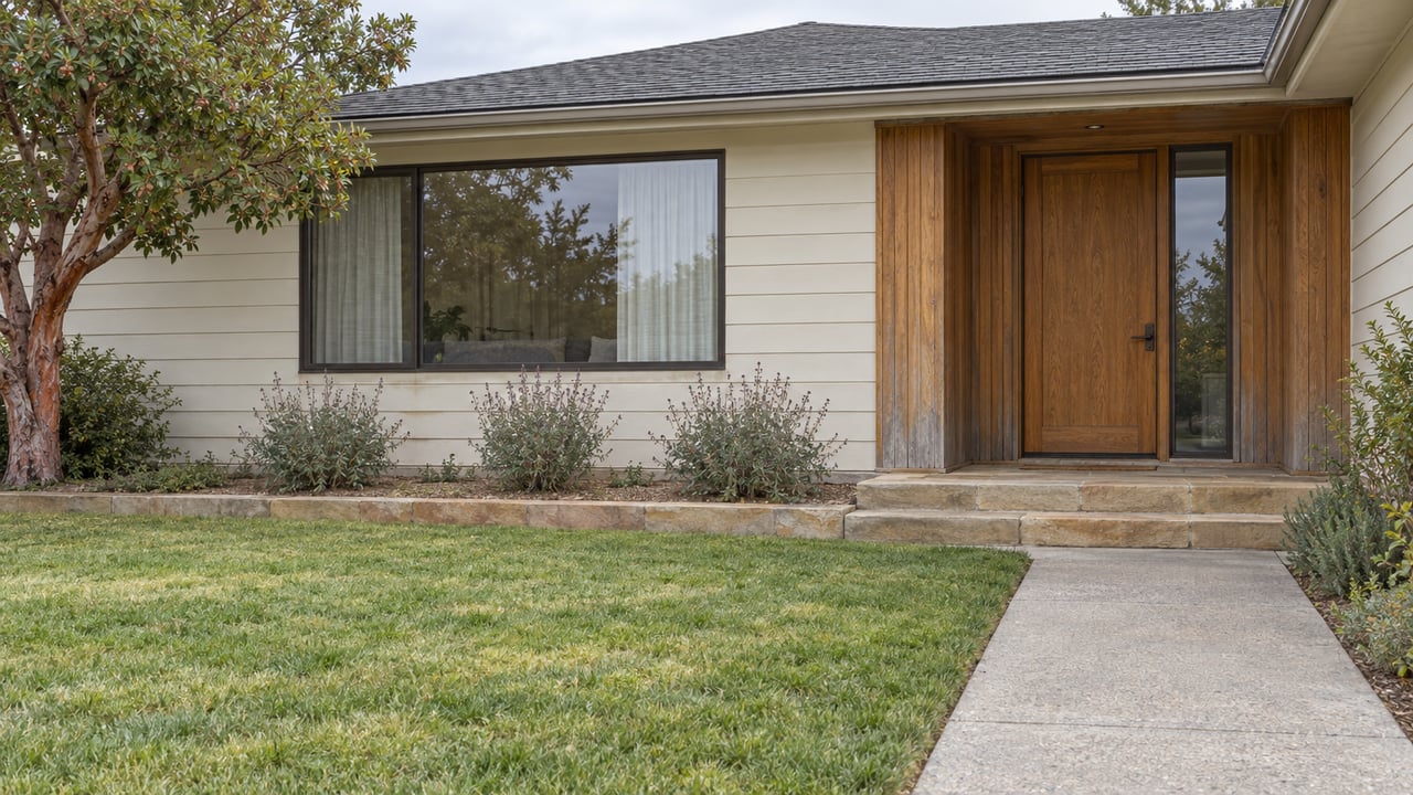 A one-story home with cream lap siding, a recessed wood entry, sandstone steps and a deep lawn beside a concrete front walk.